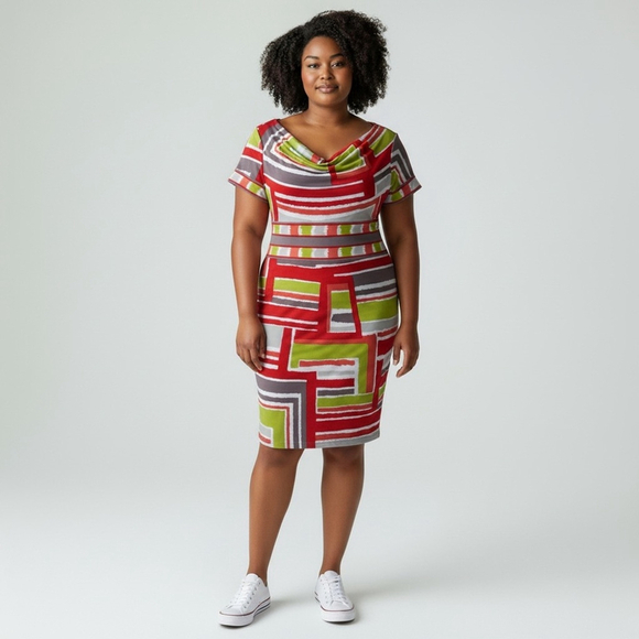 BCBGMaxAzria Dresses & Skirts - BCBGMaxAzria - Orange, Lime, gray Swoop neckline Dress - S